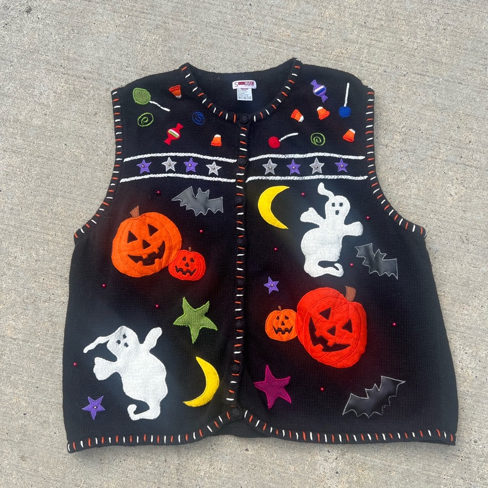 Halloween-Themed Black Cardigan Vest